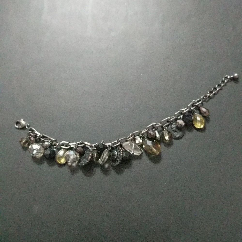 Gunmetal Black Brown Clear Beaded Crystal Charm Statement Bracelet